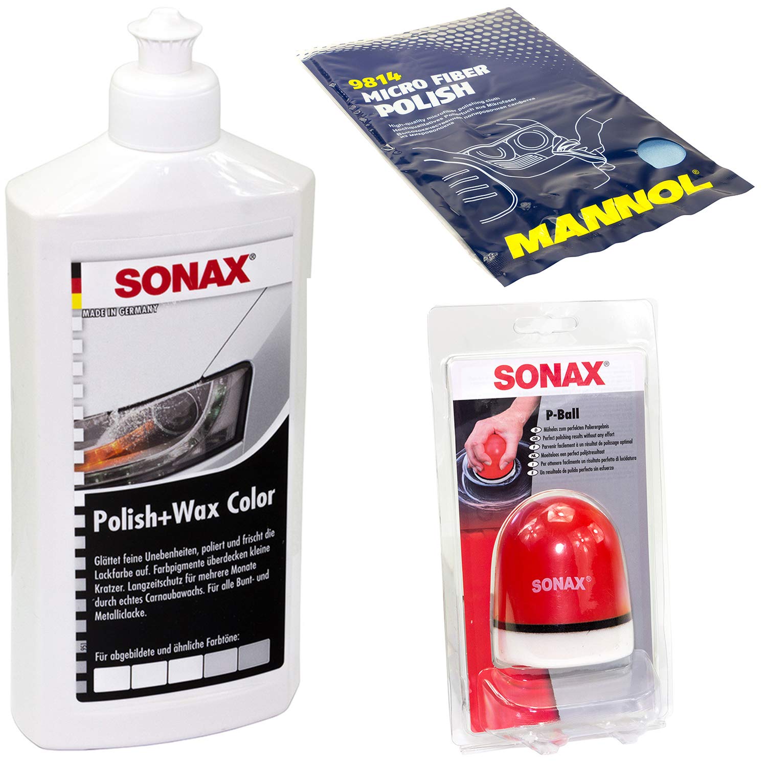 Politur Set Polish und Wax Wachs polieren Lack Color weiß SONAX 500 ml + P-Ball Schwamm + Microfasertuch von MVH Bockauf