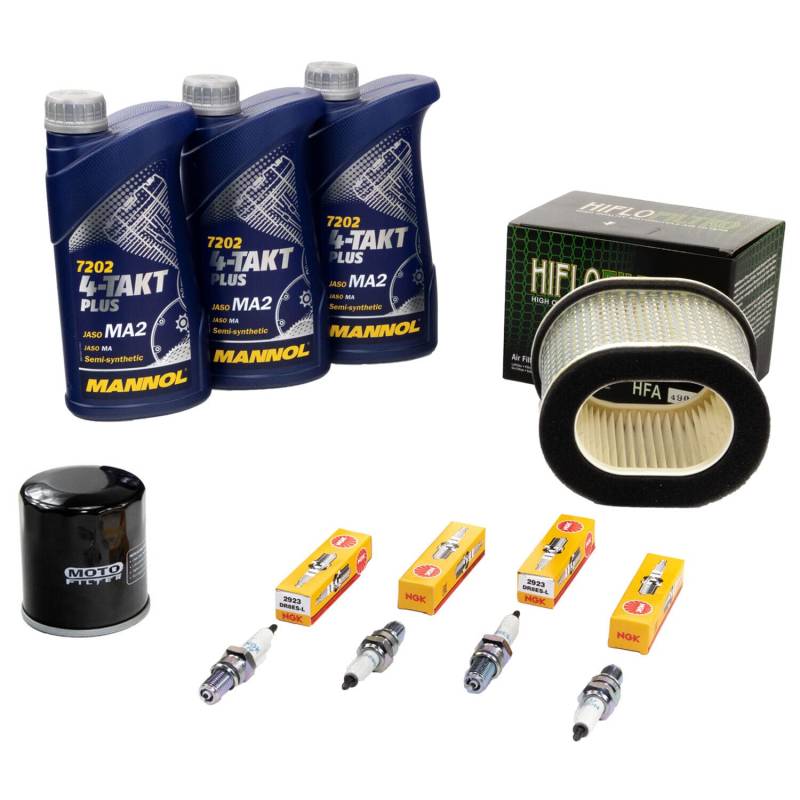 Wartungspaket Öl 3L + Luftfilter + Ölfilter + Zündkerzen für Yamaha FZR 1000 FZR1000 3LE Baujahr 1991-1995 von MVH Bockauf