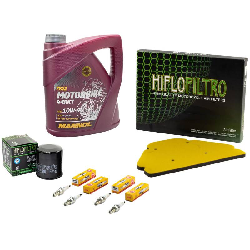 Wartungspaket Öl 4L + Luftfilter + Ölfilter + Zündkerzen für Kawasaki ZX-9R 900 Ninja Baujahr 1998-2003 von MVH Bockauf