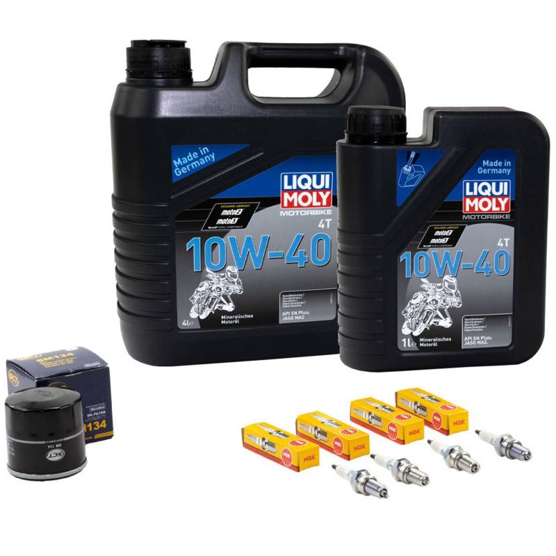 Wartungspaket Öl 5L + Ölfilter + Zündkerzen für Yamaha XV 1600 XV1600 Wild Star VP08 Baujahr 1999-2004 von MVH Bockauf