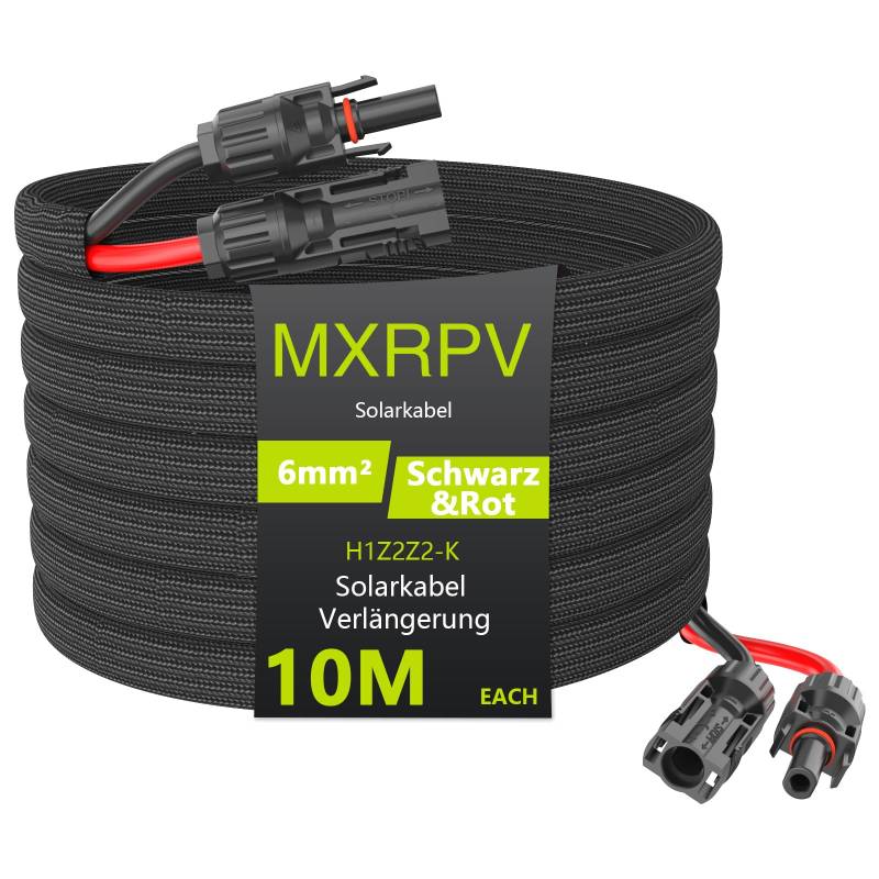 MXRPV Solarkabel 6mm²,Solarkabel Verlängerung 3/5/10 m,PV Kabel 6mm²,IP68 Wasserdichtem,Photovoltaik Solarkabel mit Mantel,Verlängerungskabel für Solarpanel(10m) von MXRPV
