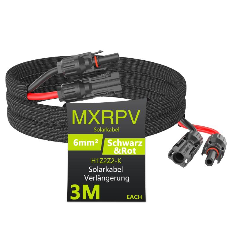 MXRPV Solarkabel 6mm²,Verlängerung 3/5/10 m,PV Kabel 6mm²,IP68 Wasserdichtem,Photovoltaik Solarkabel mit Mantel,Verlängerungskabel für Solarpanel(3 Meter) von MXRPV