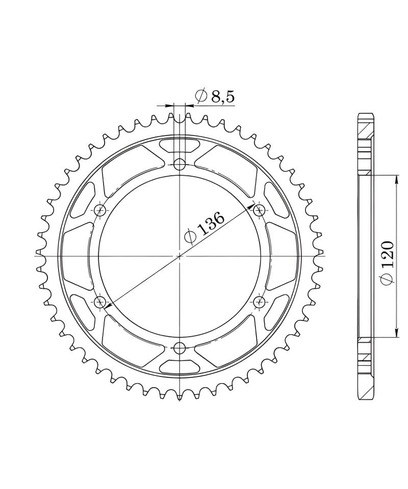 Kettenrad Supersprox 428 LK 136,0mm Ø 120mm 47Z 6-Loch Stahl schwarz von MXT