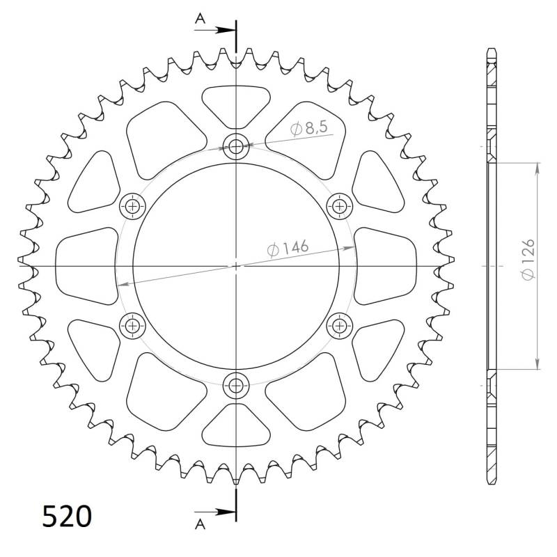 Kettenrad Supersprox 520 LK 146,0mm Ø 126mm 51Z 6-Loch Aluminium schwarz von MXT