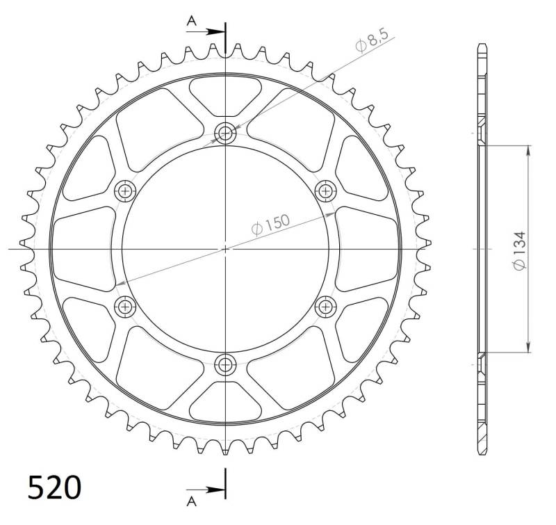 Kettenrad Supersprox 520 LK 150,0mm Ø 134mm 48Z 6-Loch Stahl schwarz von MXT