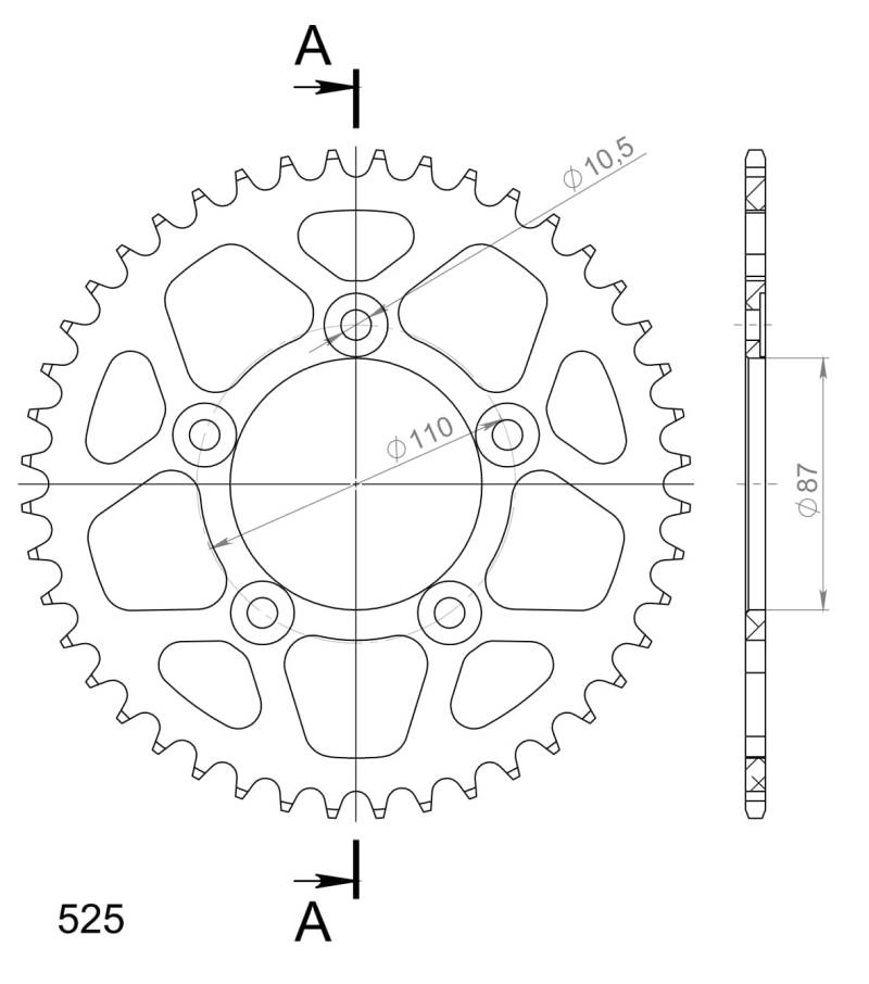 Kettenrad Supersprox 525 LK 110,0mm Ø 87mm 44Z 5-Loch Aluminium schwarz von MXT