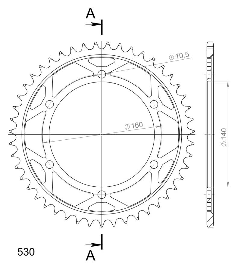 Kettenrad Supersprox 530 LK 160,0mm Ø 140mm 47Z 6-Loch Stahl schwarz von MXT