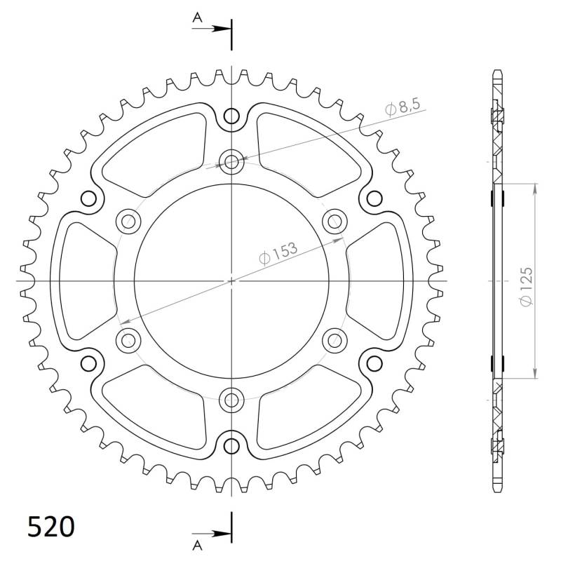 Kettenrad Supersprox Stealth 520 LK 153,0mm Ø 125mm 51Z 6-Loch Aluminium/Stahl rot von MXT