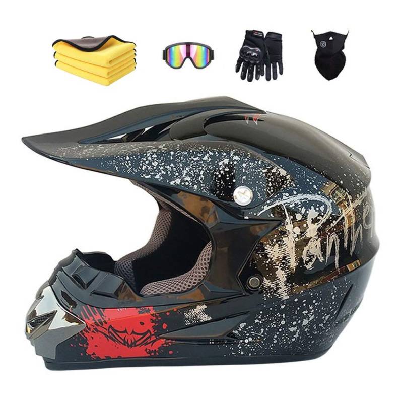 Motorradhelm,Motocross Helm,Helm Kinder,Helmets Kinder-Cross-Helm, Road Helm mit Handschuhe Maske Brille, ATV Helm,MTB Bright black,57-58cm von MXYMC