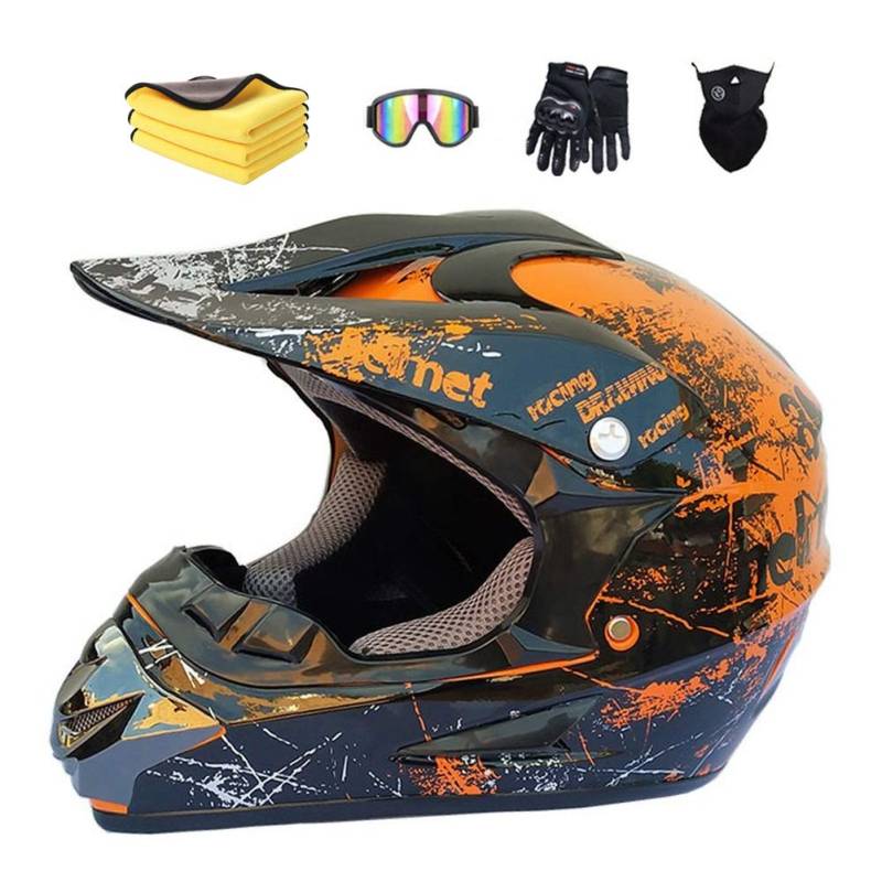 Motorradhelm,Motocross Helm,Helm Kinder,Helmets Kinder-Cross-Helm, Road Helm mit Handschuhe Maske Brille, ATV Helm,MTB Orange,59-60cm von MXYMC
