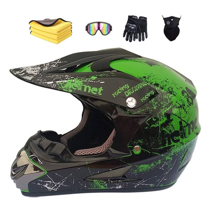 Motorradhelm,Motocross Helm,Helm Kinder,Helmets Kinder-Cross-Helm, Road Helm mit Handschuhe Maske Brille, ATV Helm,MTB green,59-60cm von MXYMC
