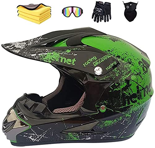Motorradhelm,Motocross Helm,Helm Kinder,Helmets Kinder-Cross-Helm, Road Helm mit Handschuhe Maske Brille, ATV Helm,MTB green,52-56 cm von MXYMC