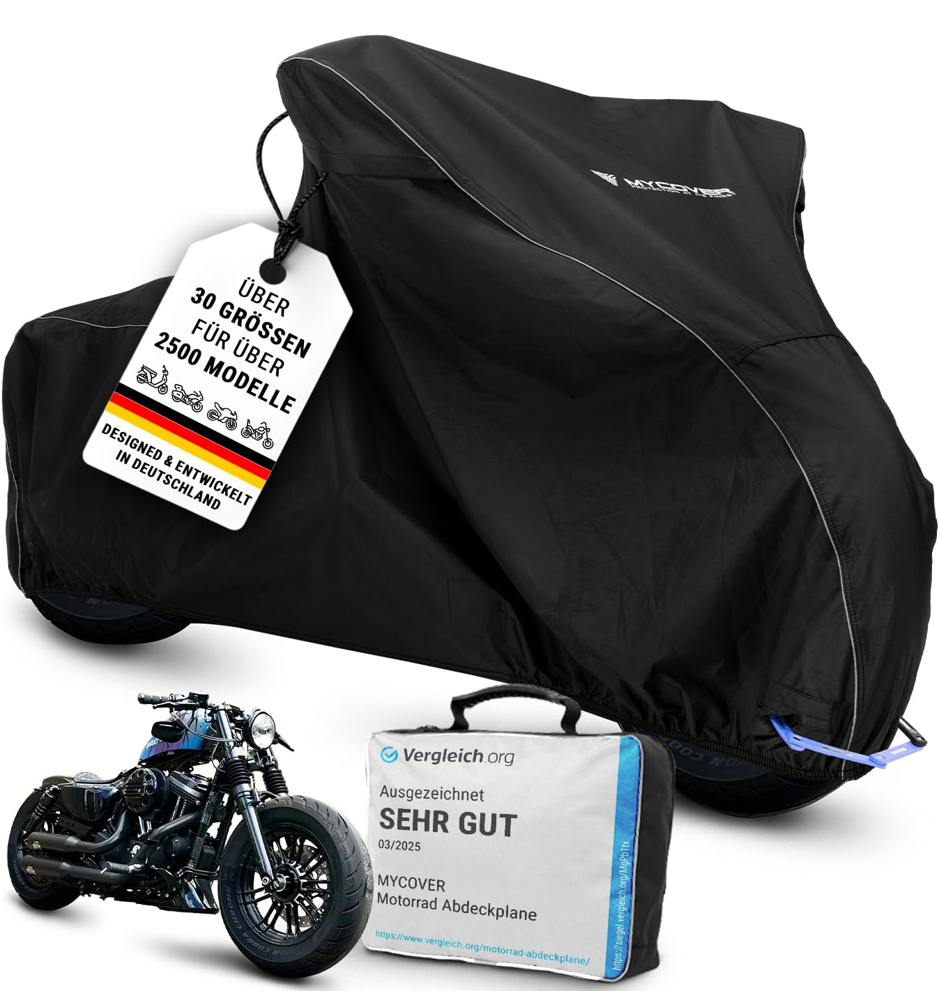 MYCOVER handgefertigte Chopper Abdeckplanen -von Bikern für Biker- Motorradabdeckplane: Wasserdicht & Atmungsaktiv - reißfeste Chopper Abdeckhaube -Outdoor & Indoor Motorcycle Cover - Größe C-L+ von MYCOVER