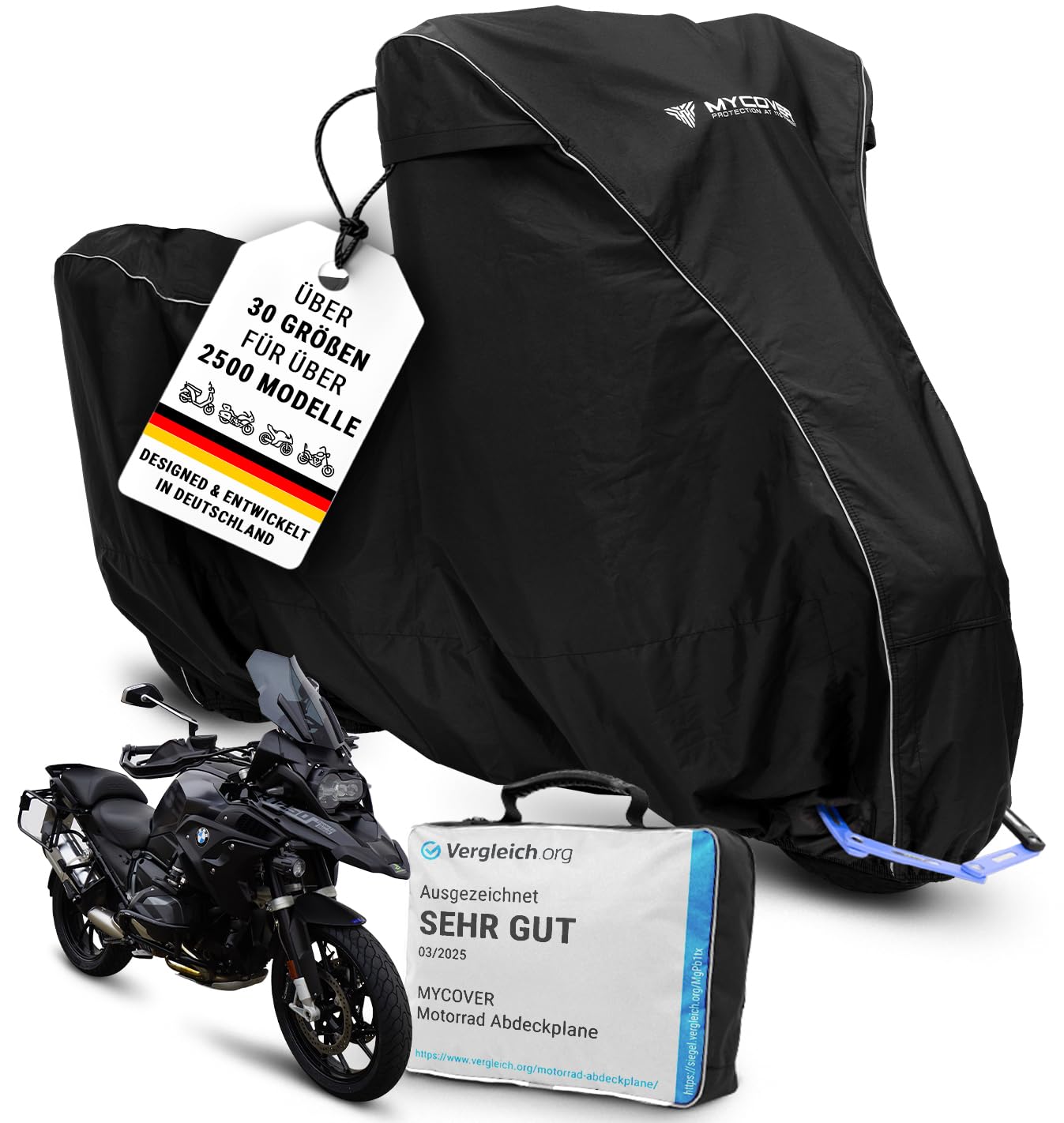 MYCOVER handgefertigte Motorrad Abdeckplane -von Bikern für Biker- Motorradabdeckung: Winterfest und wasserdicht - reißfeste & robuste Motorradplane -Outdoor & Indoor Motorcycle Cover - Größe L++ von MYCOVER