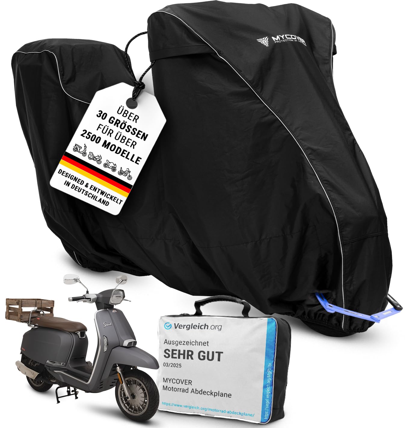 MYCOVER handgefertigte Premium Roller Abdeckplane -von Bikern für Biker- Vespa Abdeckplane Outdoor mit Topcase: Atmungsaktiv und wasserdicht - Scooter - Moped - Motorroller- Garage - Größe M+TC von MYCOVER