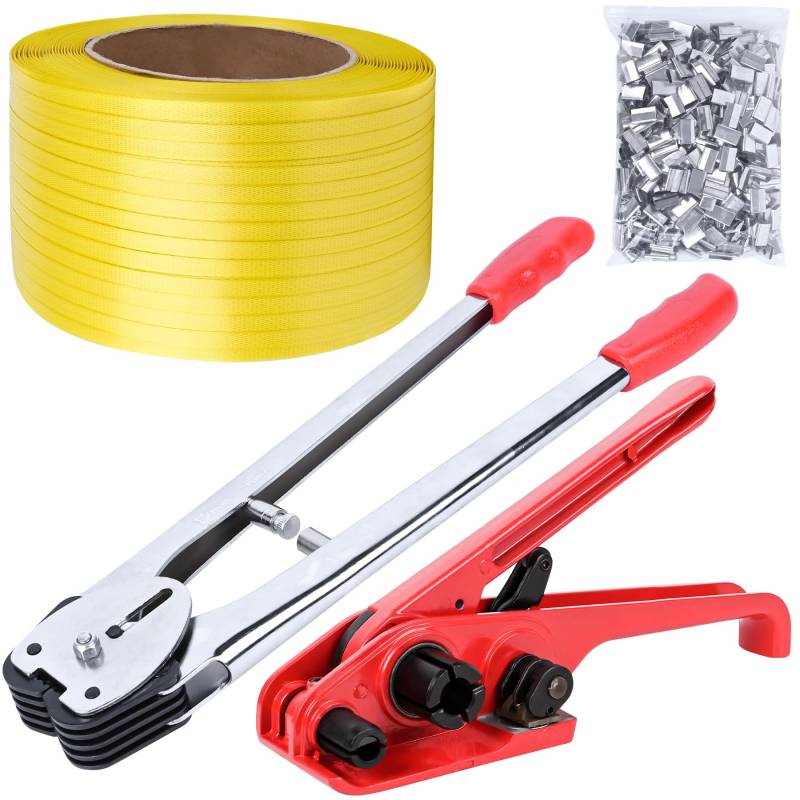 MYFAMIREA Strapazierfähiges Umreifungs-Set mit Spannwerkzeug, 1,27 cm x 100 m, Polypropylen-Kunststoff-Verpackungsumreifung, 300 Metalldichtungen, Versiegelungswerkzeug für Paletten, Logistik, Lager von MYFAMIREA