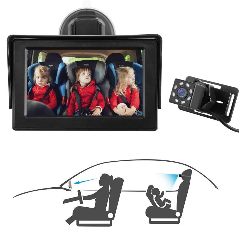 MYPIN Rücksitzspiegel für Baby, Bruchsicherer Auto-Rückspiegel für Babyschale mit 4.3‘’ HD Display, wiederverwendbare Saugnapf-Halterung, Upgrade 360° Drehkamera, leicht beobachten das Baby's Bewegung von MYPIN
