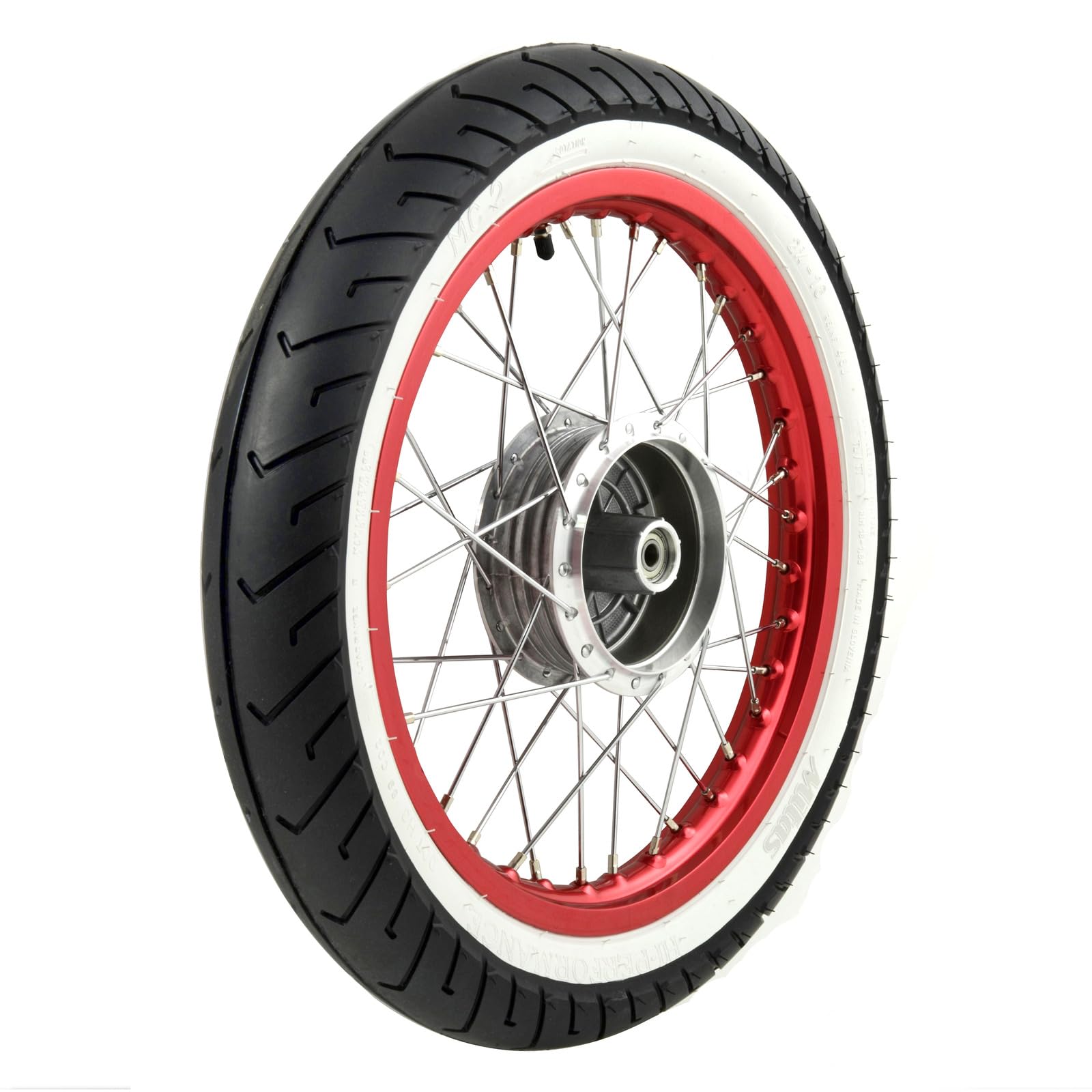Komplettrad - HINTEN - 1,5x16 Zoll - Alufelge rot eloxiert und poliert, Chromspeichen - MITAS-Weißwandreifen MC2 montiert Komplettrad - HINTEN - 1,5x16 Zoll - Alufelge rot eloxiert und poliert, Chromspeichen - MITAS-Weißwandreifen MC2 montiert von MZA