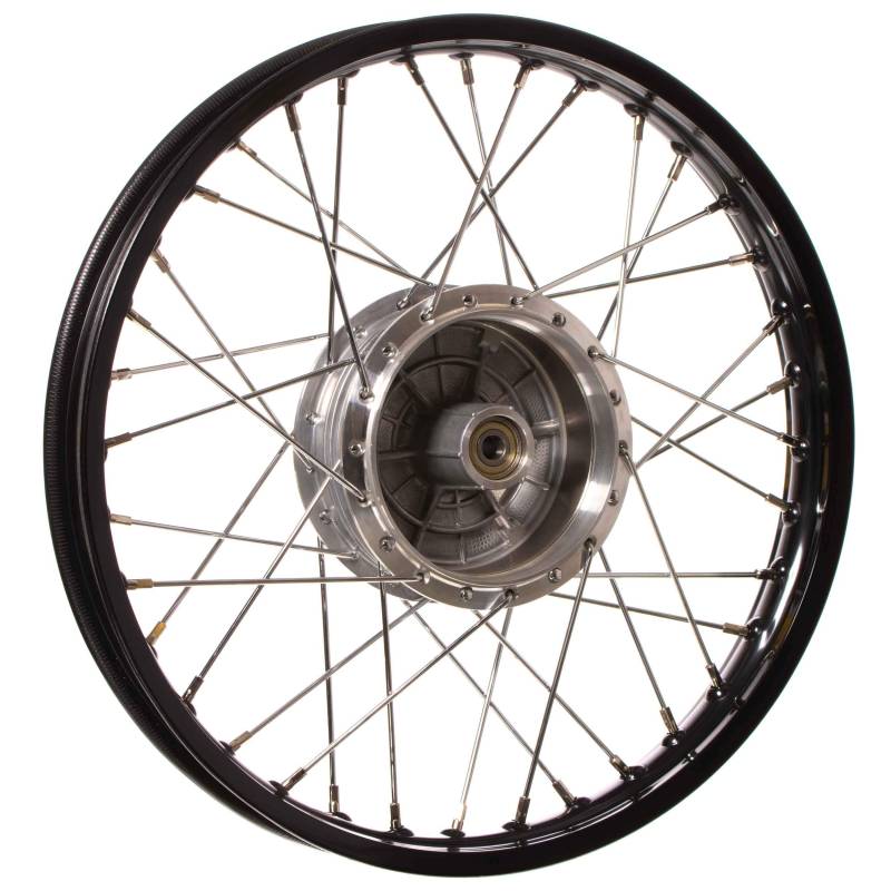 Speichenrad 1,50x16 Zoll Alufelge, schwarz eloxiert und poliert + Chromspeichen (Radnabe: Graugussbremsring, abgedrehte Flanken) von MZA