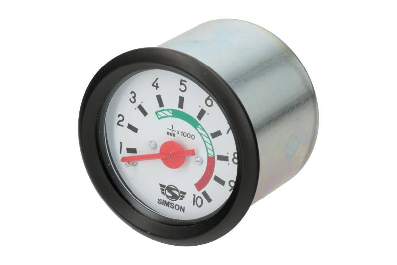 Drehzahlmesser ø 60 mm mit Beleuchtung und Masseanschluss - 12V - roter Zeiger, weißes Zifferblatt, Logo von SIMSON