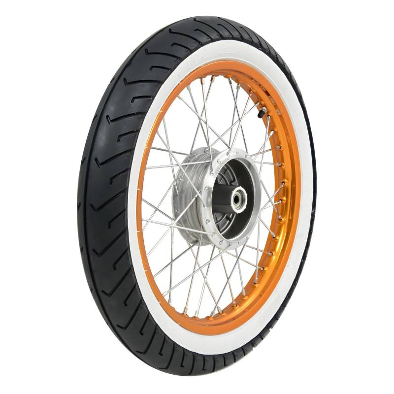 Komplettrad - HINTEN - 1,5x16 Zoll - Alufelge orange eloxiert und poliert, Chromspeichen - MITAS-Weißwandreifen MC2 montiert von MZA