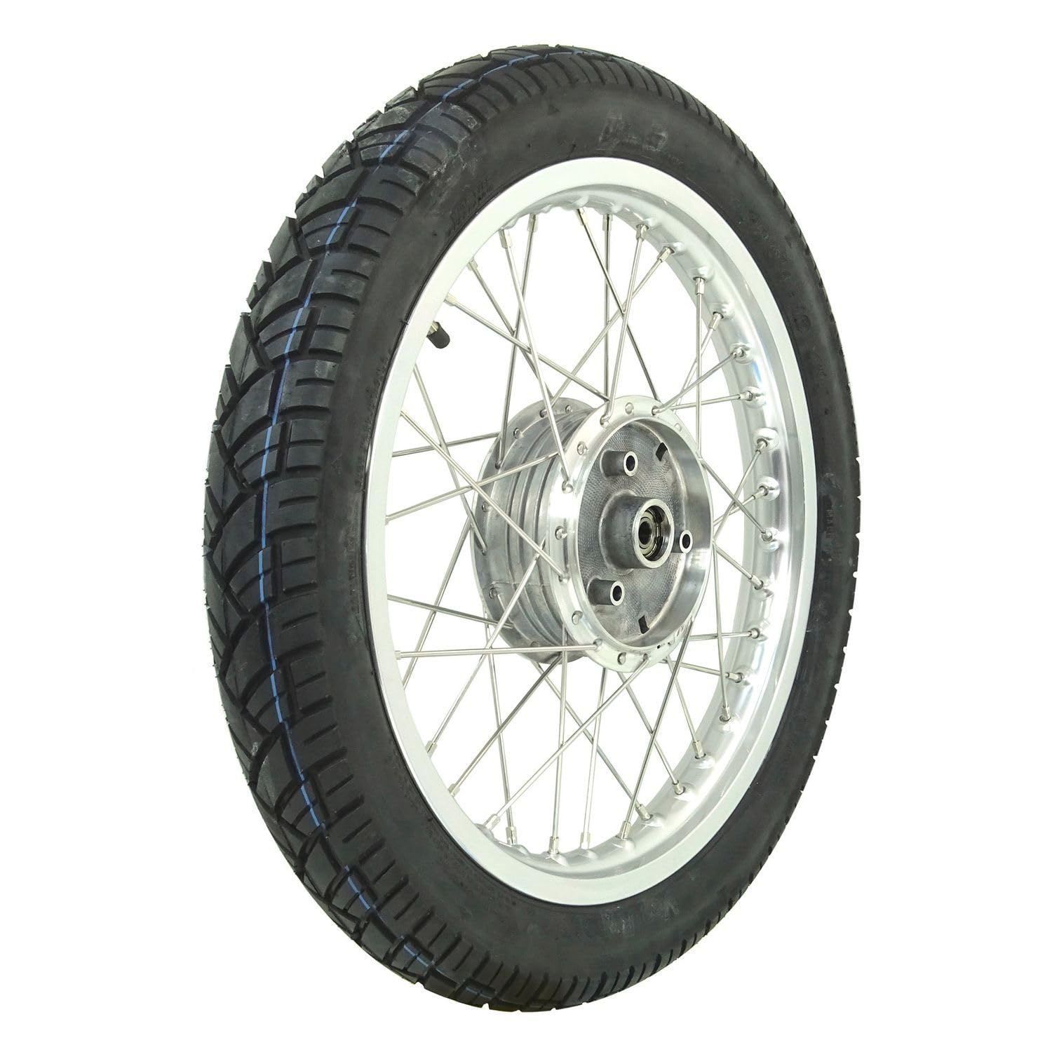 Komplettrad - Vorne - 1,5x16 Zoll - Alufelge poliert, Edelstahlspeichen, mit Vee Rubber-Reifen VRM094 montiert von MZA