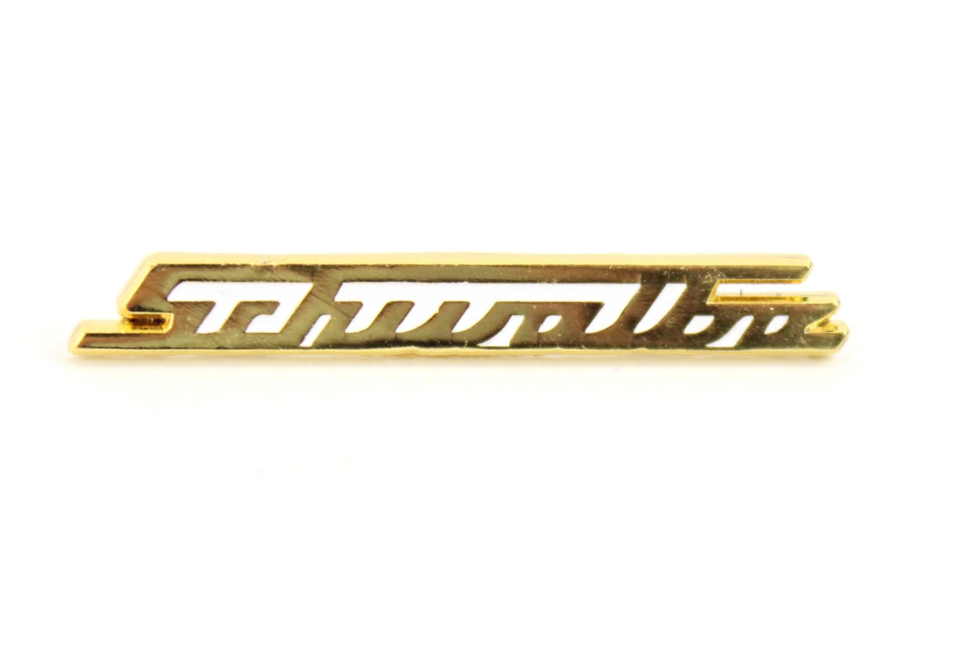 PIN""""SCHWALBE"""", Gold - Design gleicht Schriftzug v. Beinblech, bei KR51 - sehr filigrane Arbeit, ca. 38mm breit von MZA