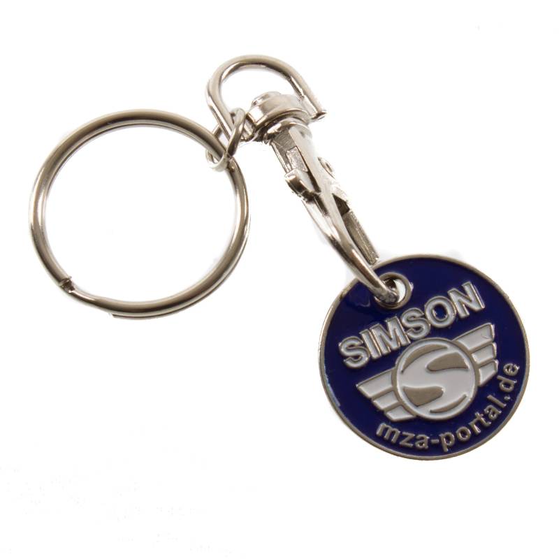 Schlüsselanhänger, Einkaufwagenchip aus Metall mit SIMSON-Logo, beidseitig geprägt - inkl. Ring mit Karabinerhaken von MZA