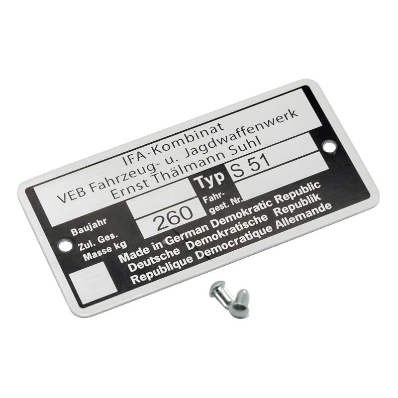 Set Rahmenplakette, Typenschild fÃ¼r S51 - mit 2x Kerbnagel Ã˜2,5x5mm von MZA