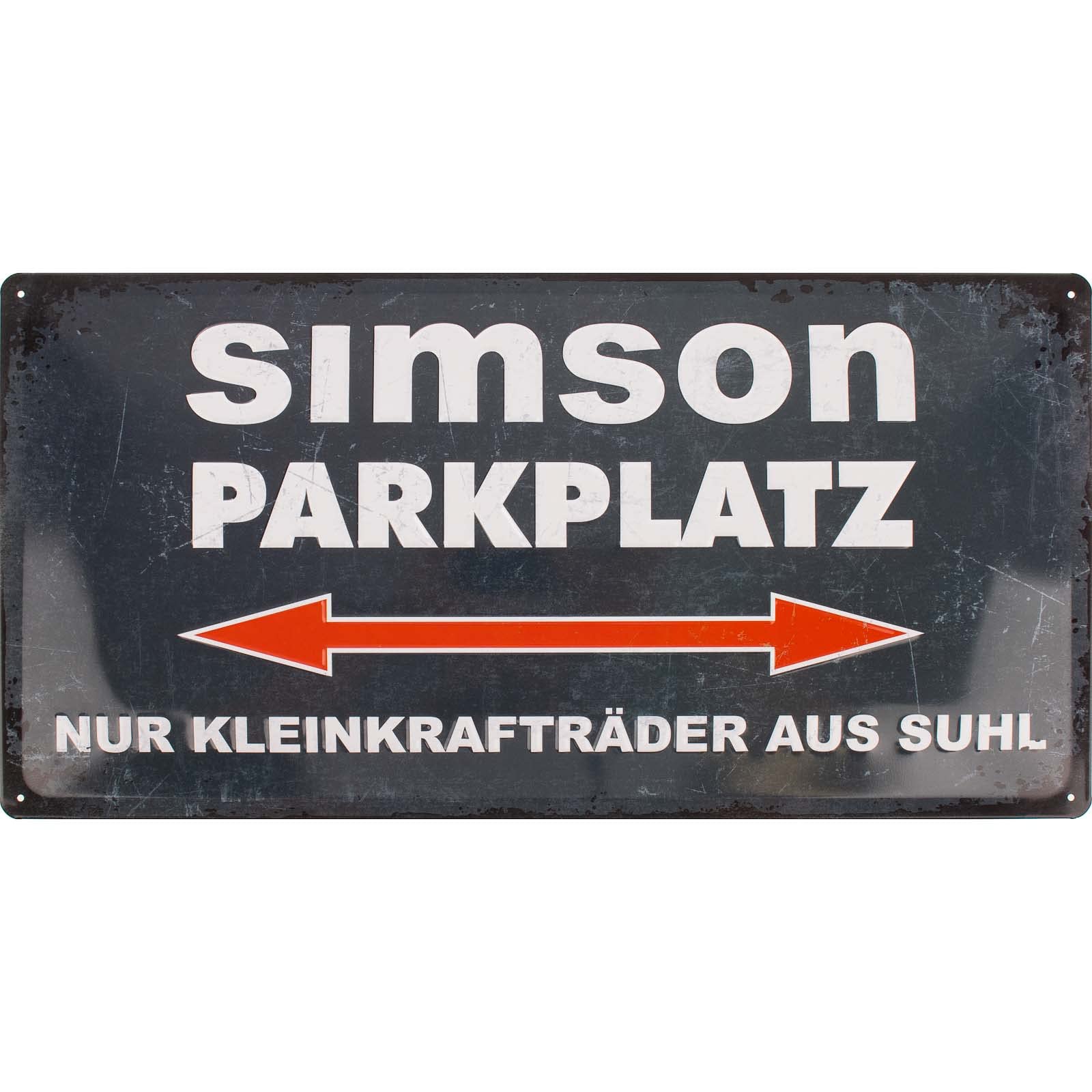 Simson Blechschild 25x50 cm, grau/weiß, Motiv SIMSON-Parkplatz, leicht gewölbt für 3D-Optik, Stahlblech, vorgebohrte Löcher, original MZA-Fan Artikel von MZA