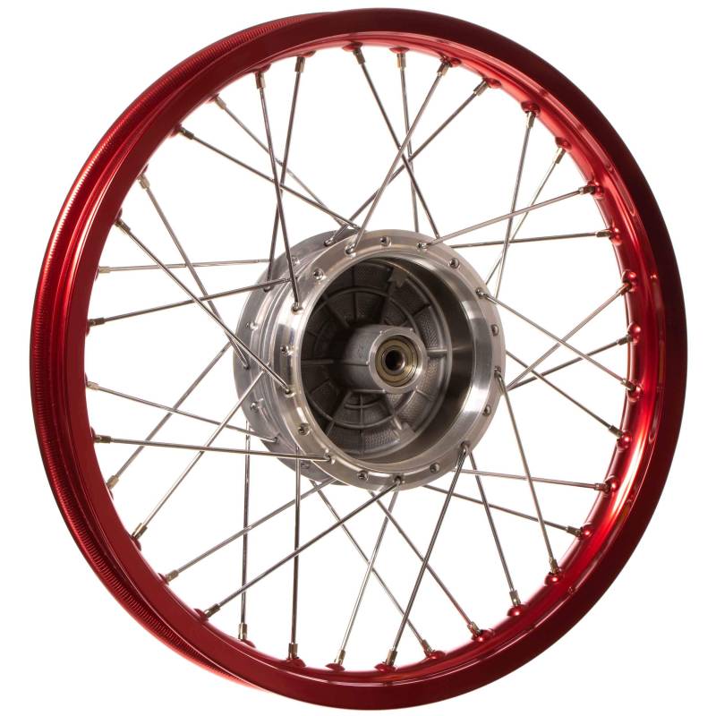 Speichenrad 1,60x16 Zoll Alufelge, rot eloxiert und poliert + Chromspeichen (Radnabe: Graugussbremsring, abgedrehte Flanken) von MZA