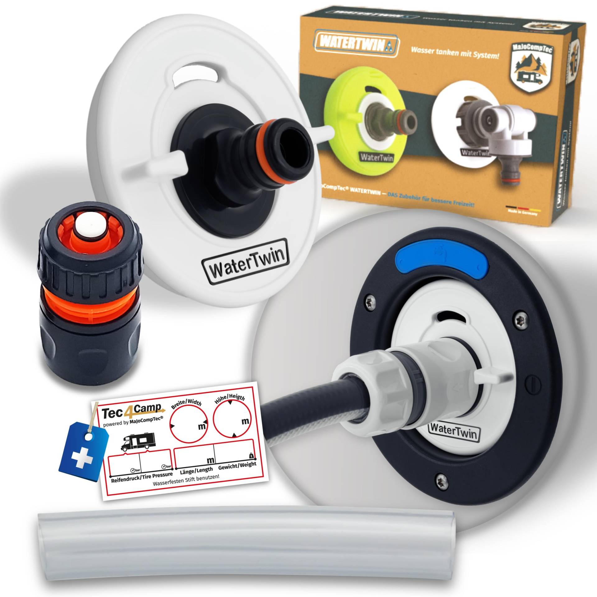 MaJoCompTec® WATERTWIN Tankdeckel mit Wasseranschluss | Wassertankdeckel Befülladapter für Wassereinfüllstutzen | Wohnmobil Wohnwagen Zubehör (ECO-Version + Schlauchkupplung, Adapter 3-PIN D:78) von MaJoCompTec