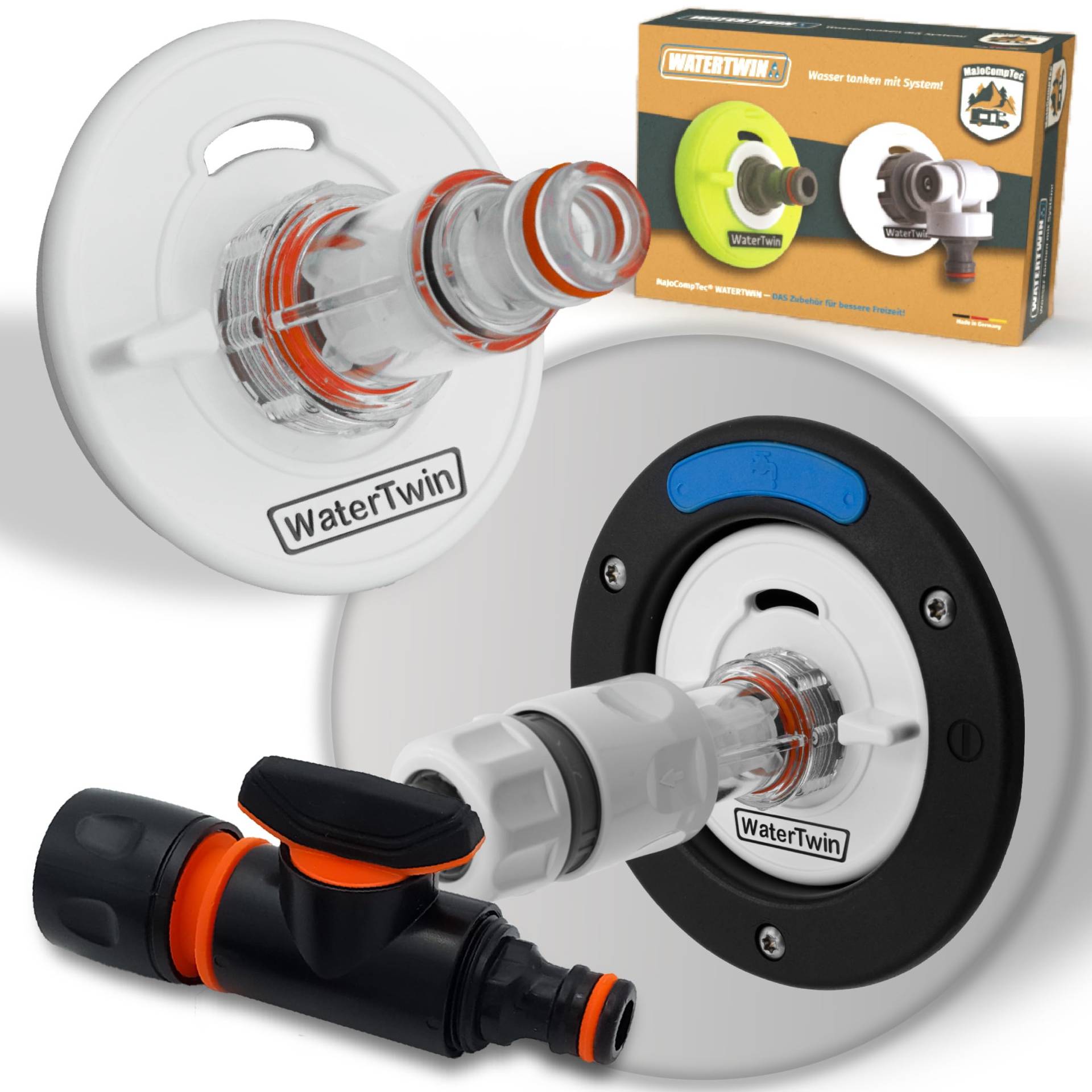 MaJoCompTec® WATERTWIN Tankdeckel mit Wasseranschluss | Wassertankdeckel Befülladapter für Wassereinfüllstutzen | Wohnmobil Wohnwagen Zubehör (PRO-Version + Filter + Ventil, Adapter 3-PIN D:78) von MaJoCompTec