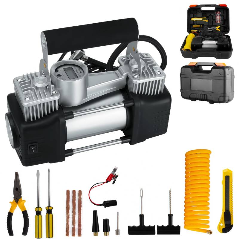 Digital 12V Luftkompressor,Digital Kompressoren Reifen Inflator,Luftpumpe Elektrisch Luftkompressor,Doppelzylinder Hochleistungs-Reifenpumpe,Luftpumpe Kompressoren mit Reifenreparaturset für Auto von Madlife Garage