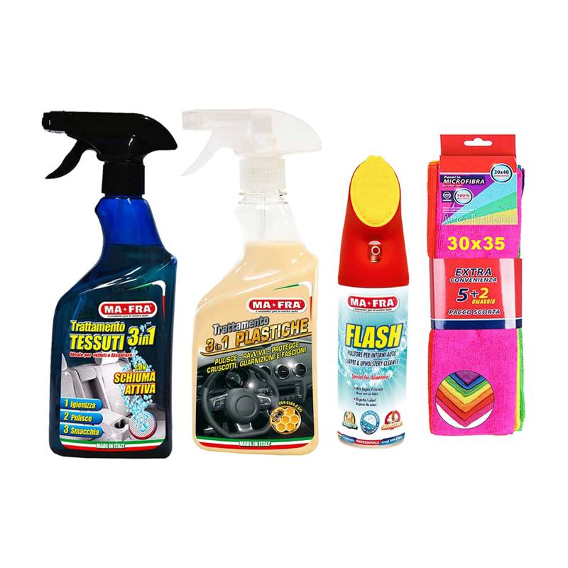 Ma-Fra Montageset für Auto innen und außen. Killer RIMUOVE Insetti - CERCHI & GOMME - 3in1 Behandlung mehrerer Putztücher 36 x 33 cm FLASH-TESSUTO-PLAST von Mafra