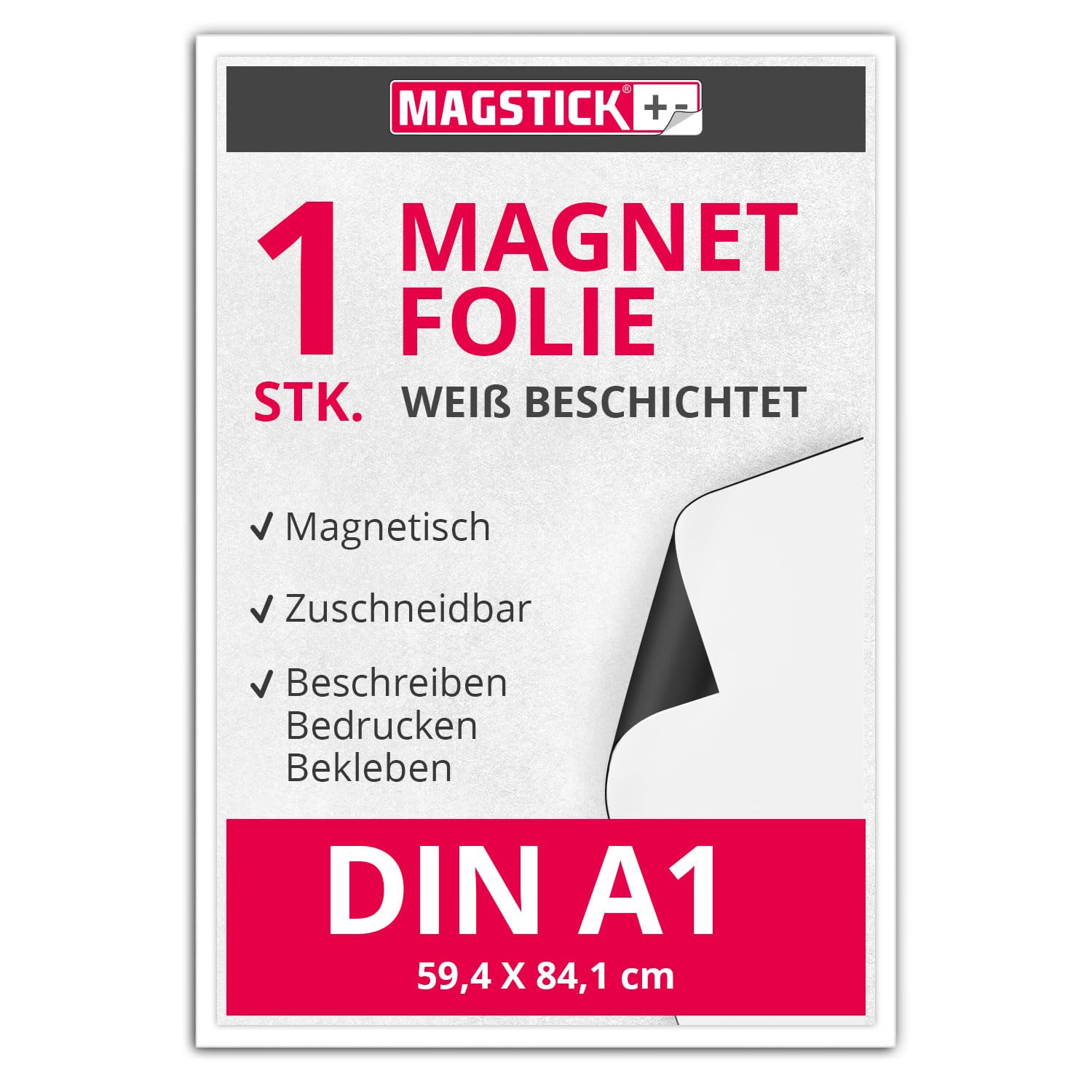 Magnet-Folie in DIN A1 I magnetisch, weiß beschichtet I beschreibbar bedruckbar I für Kfz Auto LKW I Lager-Schild I Tür-Schild I mag_055 von Magstick