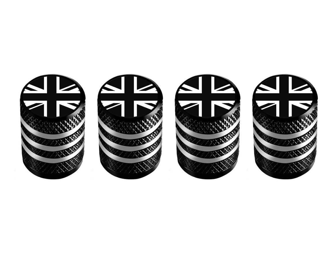 Marcraft Korrosionsbeständige (schwarze) (Laser-Gravur-Union Jacks) Aluminium-Reifen-Rad-Legierung Ventilkappen Staubkappen (4 Stück) Universal für Autos, SUVs, Fahrräder, Motorräder, LKWs | von MarCraft