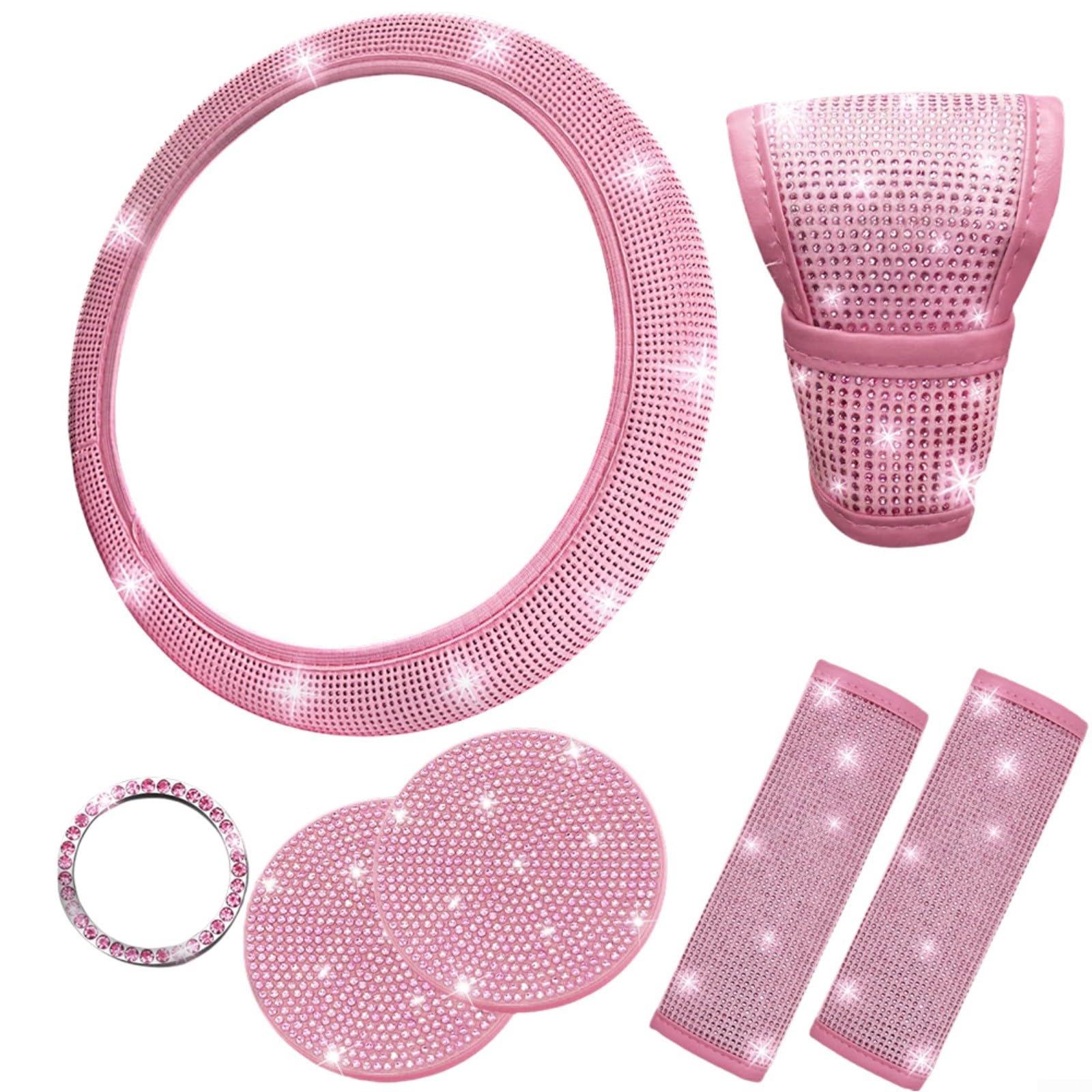 Marchfunny Autozubehör-Set, Lenkradbezug mit Strasssteinen, Sicherheitsgurtschutz, Staubschutz, Getränkehalter, Untersetzer, Startknopfring (Rosa) von Marchfunny