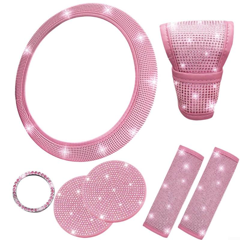 Marchfunny Autozubehör-Set, Lenkradbezug mit Strasssteinen, Sicherheitsgurtschutz, Staubschutz, Getränkehalter, Untersetzer, Startknopfring (Rosa) von Marchfunny