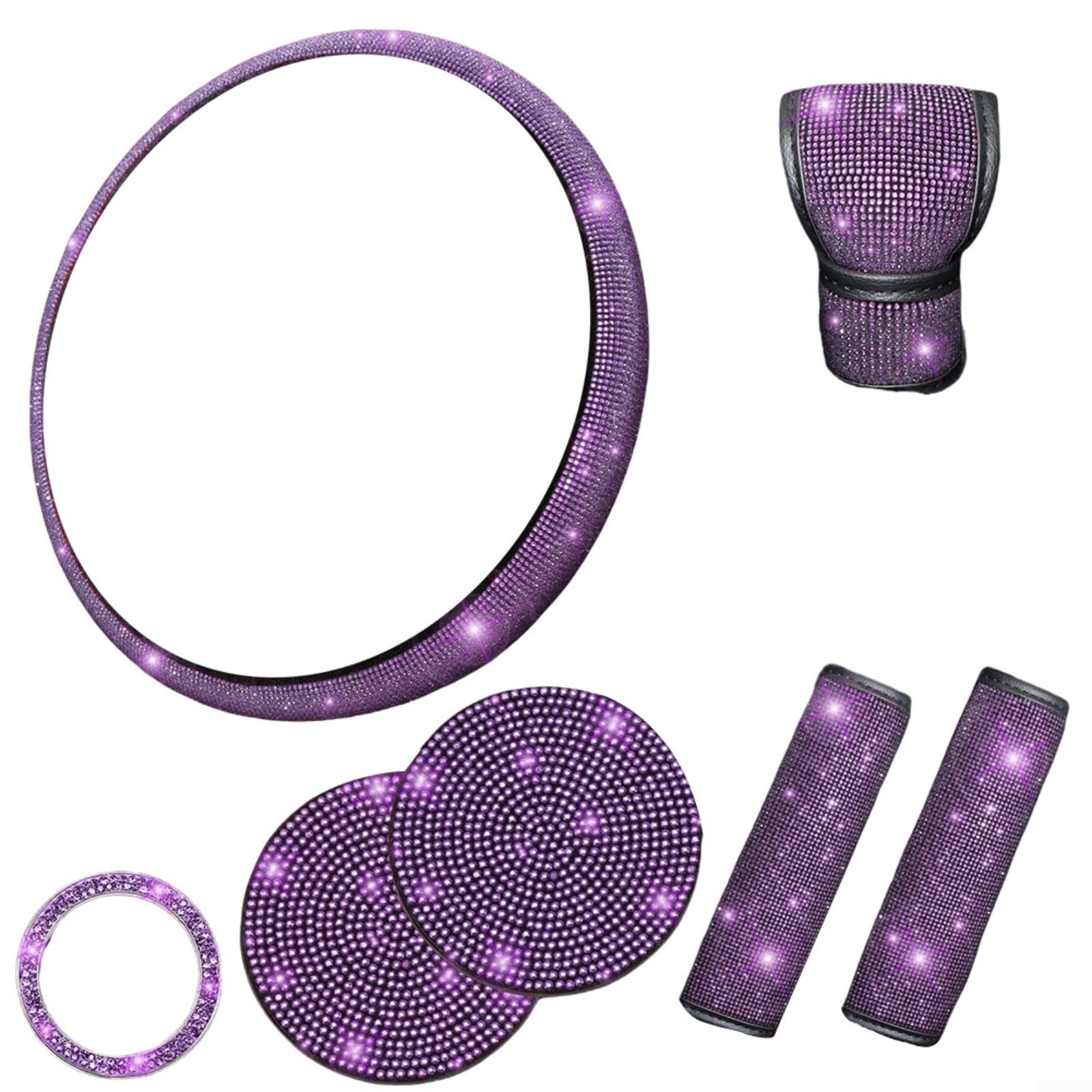 Marchfunny Autozubehör-Set, Lenkradbezug mit Strasssteinen, Sicherheitsgurtschutz, Staubschutz, Getränkehalter, Untersetzer, Startknopfring (lila) von Marchfunny
