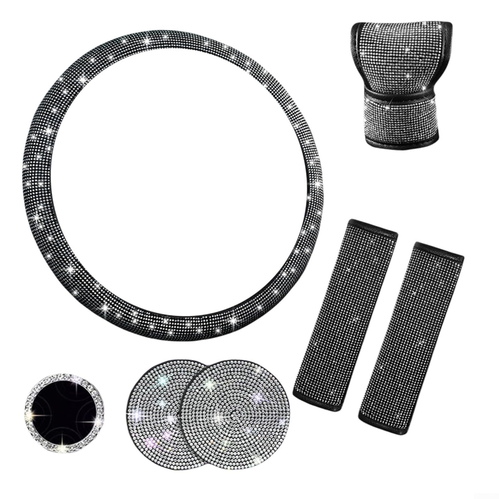Marchfunny Autozubehör-Set, Lenkradbezug mit Strasssteinen, Sicherheitsgurtschutz, Staubschutz, Getränkehalter, Untersetzer, Startknopfring (weiß) von Marchfunny
