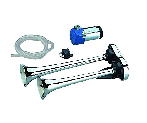 Marco Druckluft Doppelhorn in 12 Volt 35cm und 31cm lang (Trichter aus hochglanzverchromten Messing) inkl. Kompressor 1,0 bar für Transporter, Bus, PKW etc. 12V von Marco