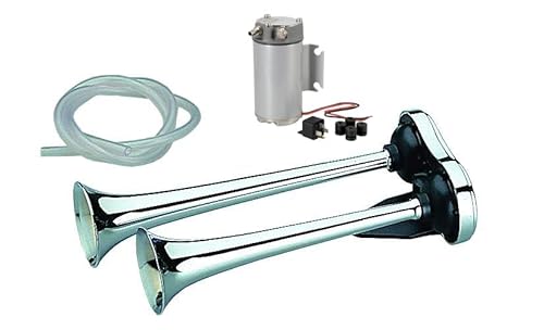 Marco Druckluft Doppelhorn in 12 Volt 35cm und 31cm lang (Trichter aus hochglanzverchromten Messing) inkl. Kompressor 2,0 bar von Marco