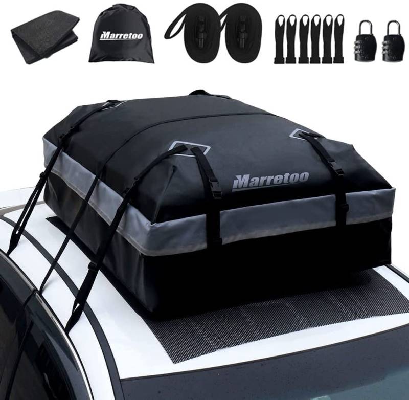 Marretoo 21 Kubikfuß Auto Dachbox Faltbare Wasserdicht Dachtasche Gepäckbox Tasche Aufbewahrungsbox mit a Antirutschmatte, für Fahrzeuge mit/ohne Gepäckträger Gepäcktransport, Vans, SUVs, Black von Marretoo
