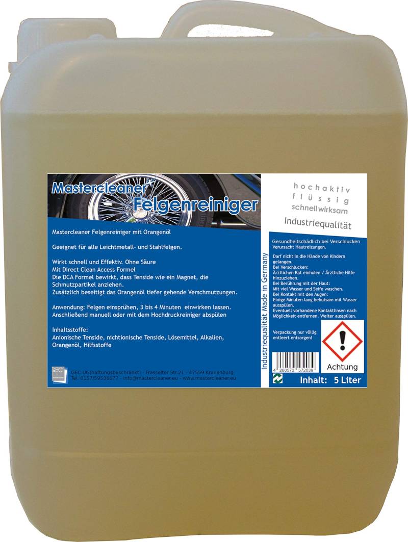 Mastercleaner Felgenreiniger Konzentrat 5 Liter. Der Felgenreiniger mit nat. Orangenöl für Alufelgen Chromfelgen Stahlfelgen ohne Säure und Phosphate von Mastercleaner