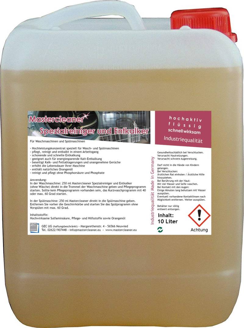 Mastercleaner Spülmaschinen und Waschmaschinenreiniger und Entkalker mit Aktivschaum 10 Liter von Mastercleaner