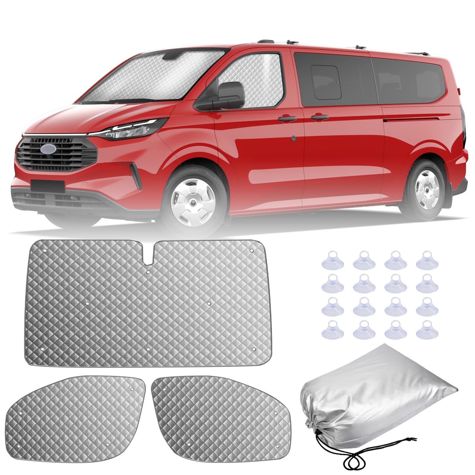 MaxAwe 3-teiliges Thermo-Rollo-Set für Ford Transit Custom, Luxus-Sonnenschutz-Abdeckungs-Set, Fenster-Frontscheibenabdeckung, Sommer-UV-Sonnenrollo & Winterisolierung für Ford Wohnmobile und von MaxAwe