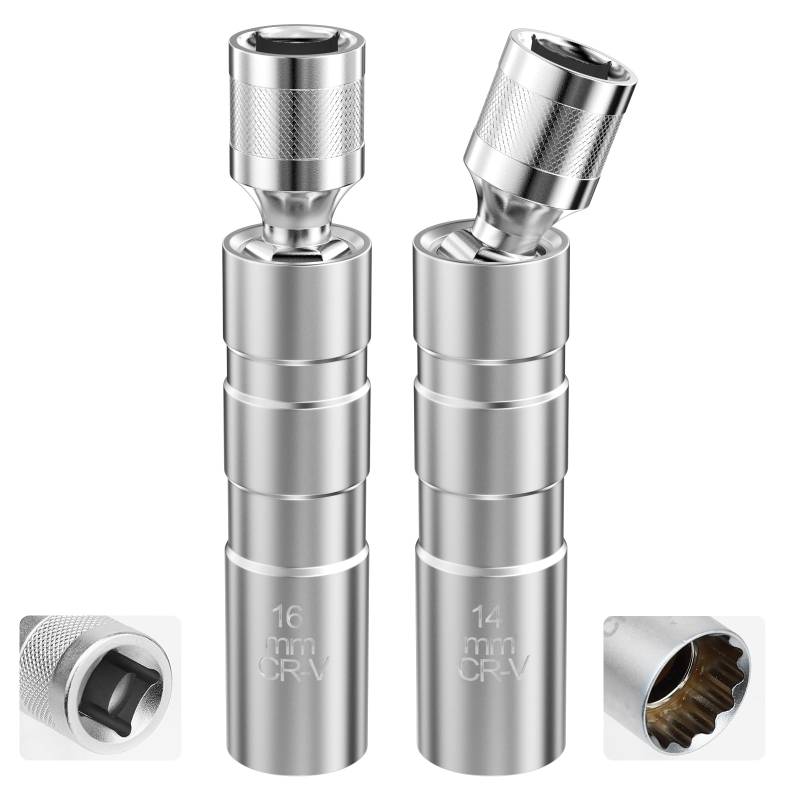 Maxentico Zündkerzenschlüssel 14mm und 16mm, 2 Stück Dünnwandig Zündkerzen Nuss, Zündkerzenschlüssel-Entferner, Universeller Flexibler Zündkerzenschlüssel Satz Werkzeuge, Zündkerzennuss Magnetisch von Maxentico