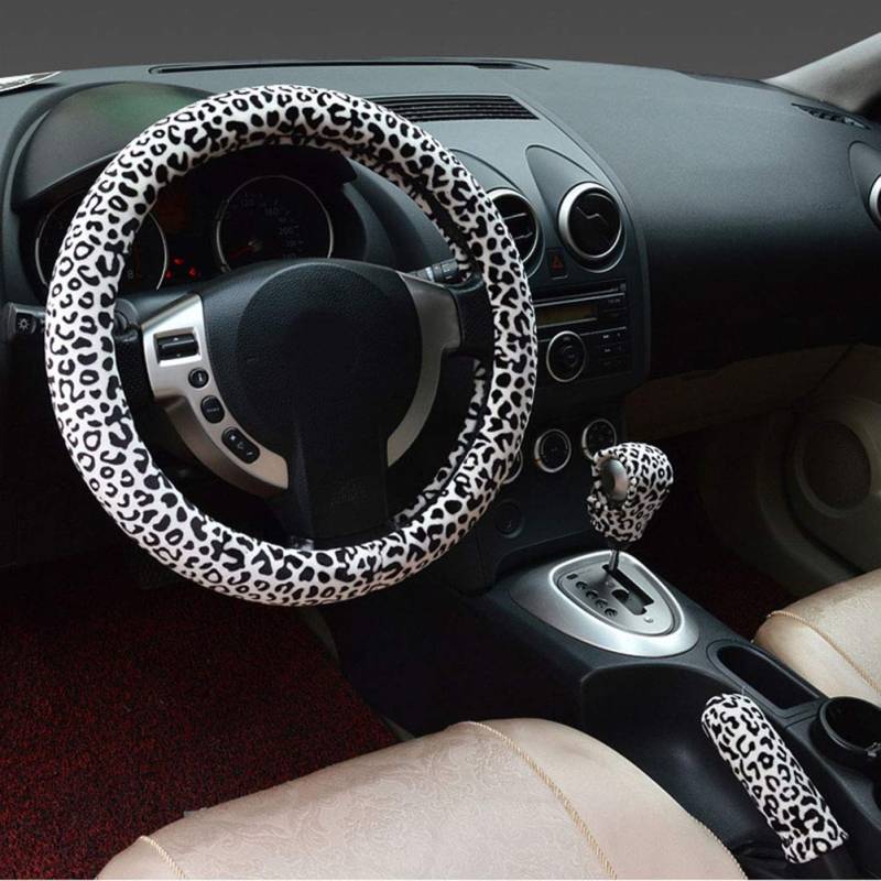 3 in 1 Weicher Leopard Auto Lenkradbezug Handbremsgriff Schalthebelmanschette Abdeckungen 38 cm Kurzer Plüsch Warmer Winter für alle Autos Weiß von Mayco Bell