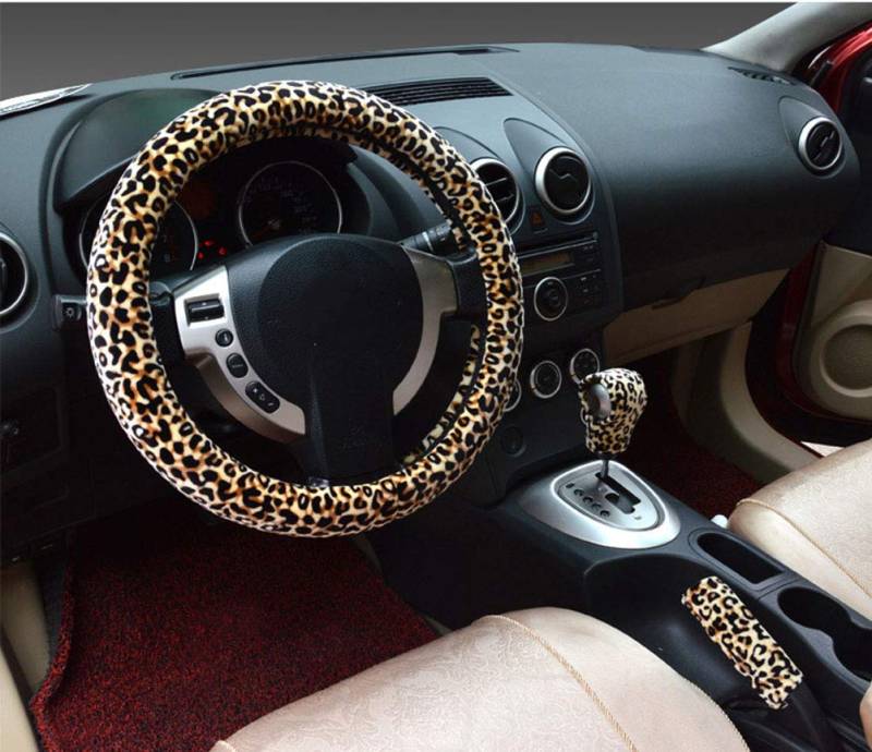 3 in 1 weicher Leopard Auto Lenkradbezug Handbremsgriff Schalthebelmanschette Abdeckungen 38 cm Kurzer Plüsch Warmer Winter für alle Autos Beige von Mayco Bell